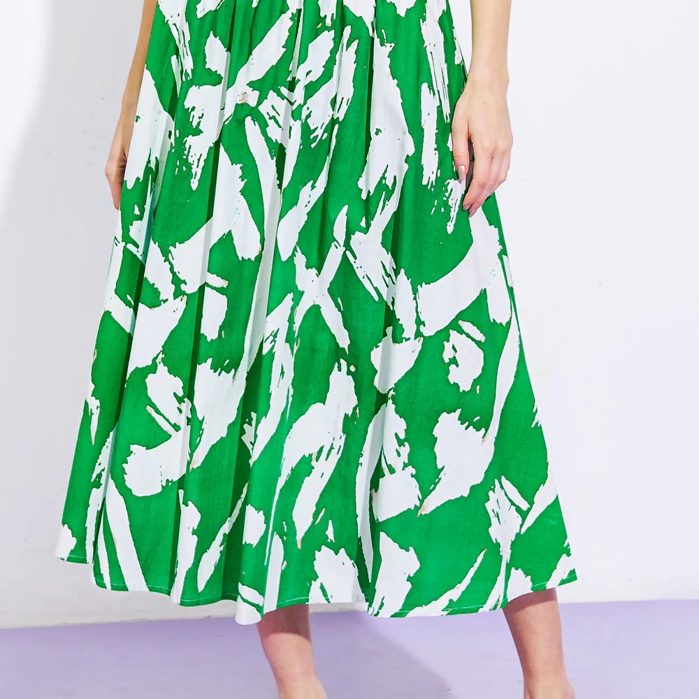 Green Pleated A-Line Midi Skirt